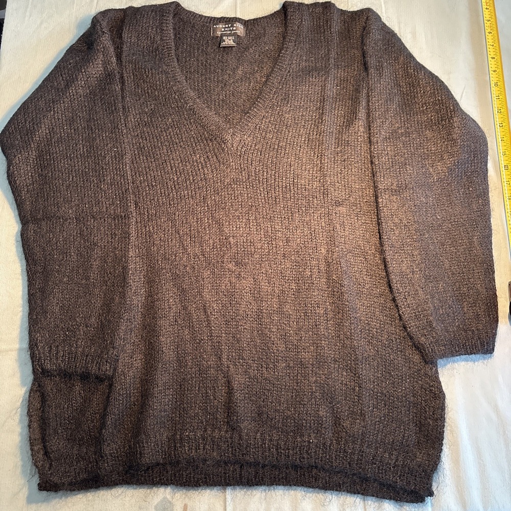 August Silk Knits Mohair Blend V-Neck Sweater Brown Tunic Side Slit Large